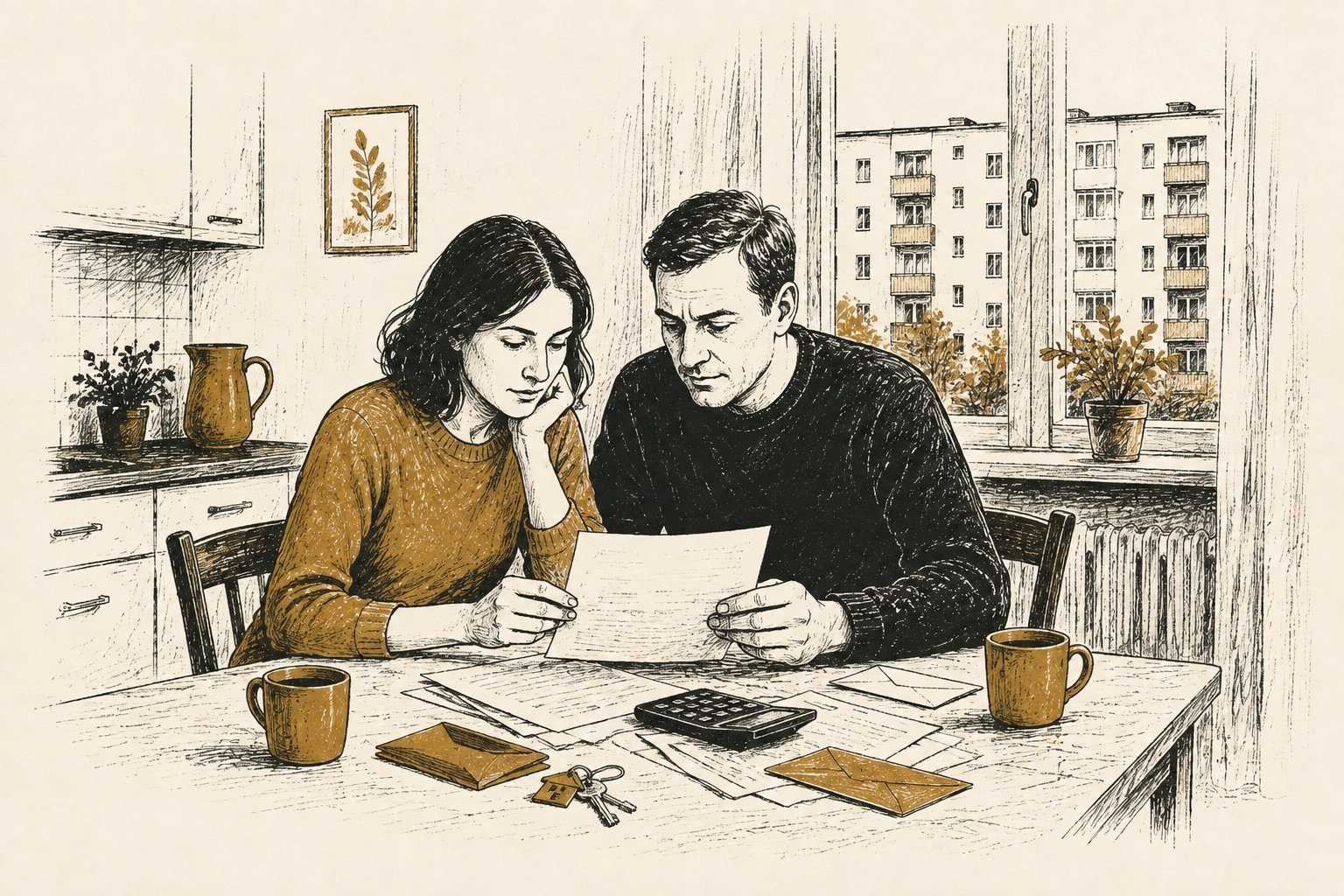 Para analizująca domowe rachunki — ilustracja gry Bilans Życia