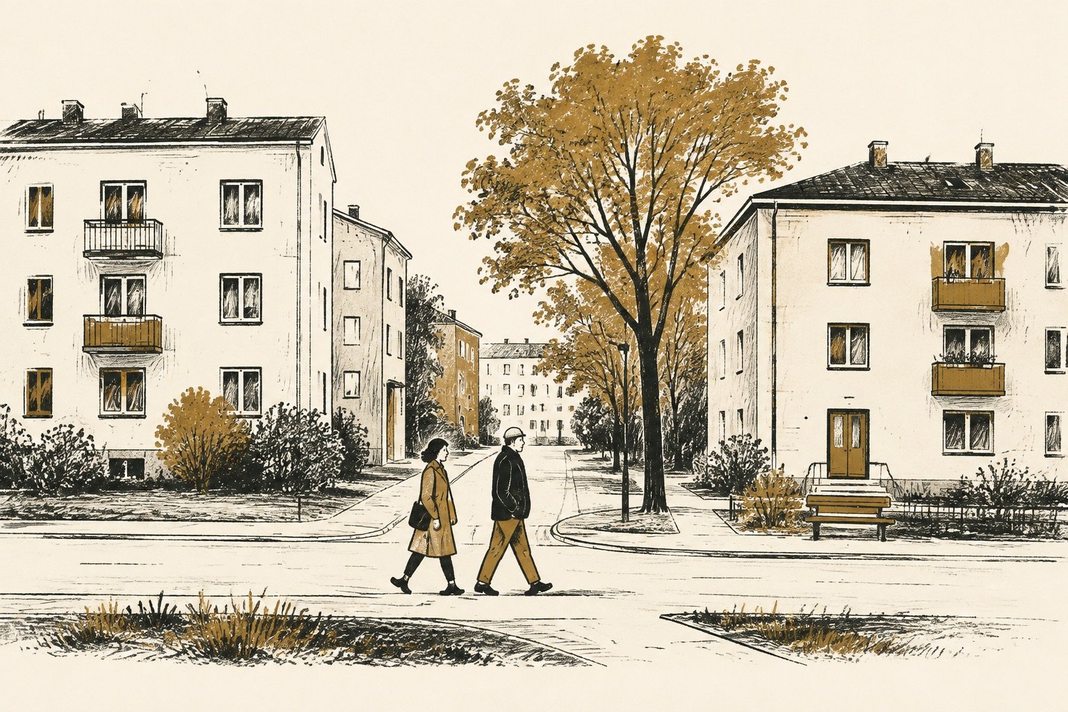 Dwie osoby idące przez osiedle — ilustracja gry Bilans Życia